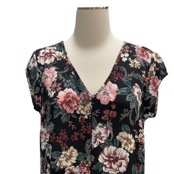 Floral V-Neck Blouse M V-Back Strap Detail Elegant Casual Fall Feminine Office - Picture 8 of 9